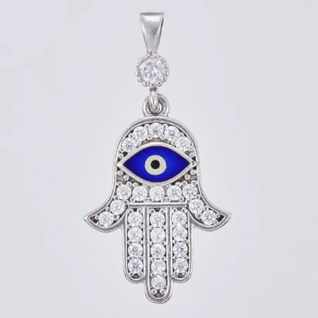 Hänge Fatimas hand med vita och blåa stenar, längd ca 3,5cm, bredd ca 2-17mm, 925/1000 silver  Vikt: 2,9 g