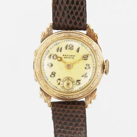 Damur Record Geneve, boett i 14K, manuell, ca 21mm, boettnr 2788, liten sekundvisare, repig, läderarmband, inga tillbehör. 