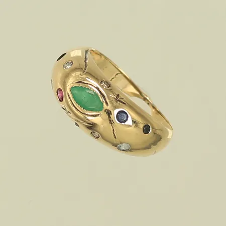 Ring med färgade stenar, stl 16½, bredd 1,5-8mm, en sten saknas, klippt skena, 14K, 3,7g Vikt: 3,7 g