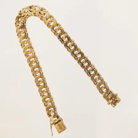 Armband Bismarck, längd: 19,5cm, bredd: 9mm, Rosengren Guldsmedsverkstad Lars, Stockholm år 1991, smärre bruksslitage, 18K guld. Vikt: 30,7 g