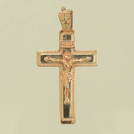 Hänge, krucifix, längd 38mm, bredd 19mm, gravyr på baksida, defekt,14K, 2,9g Vikt: 2,9 g