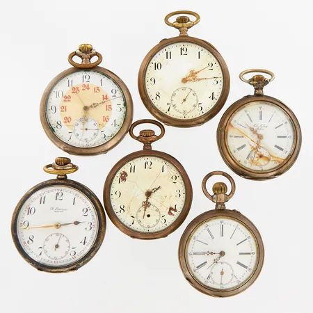 Fickur, defekta, visare saknas på vissa, 2 saknar glas, 3 med innerboett i metall, 3 med innerboett i silver, silver 800/1000, brv: 479,1 gram