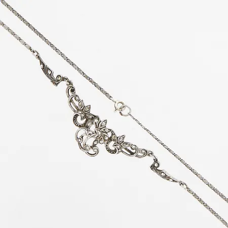 Collier med markasiter, 41cm, bredd 17mm, defekt, en sten saknas, silver 830/1000 Vikt: 7,8 g