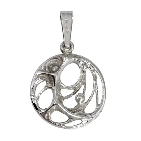 Hänge FINLAND, silver 925/1000, "Spiderweb", KARL LAINE - FINLAND 1974, längd inkl. ögla 34,5 mm, dekor Ø21 mm, fint skick, svensk kontroll/importstämpel Vikt: 3,2 g