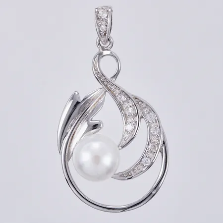 Hänge med vita stenar och pärla, längd ca 3,6cm, bredd ca 19mm, 925/1000 silver  Vikt: 3,8 g