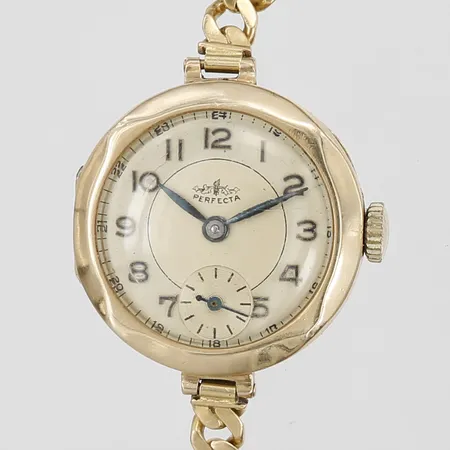 Damur Perfecta, boett i 14K, manuell, 24mm, boettnr 1064, liten sekundvisare, armband Pansar 18K, säkerhetskedja, bucklig, skadad, bruttovikt 18,8g