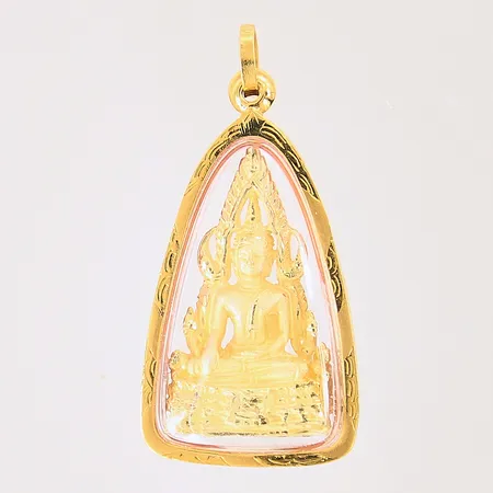 Hänge Buddah, 37x18,7mm, inramad i plexiglas, okänt material inuti, 18K, bruttovikt: 5,8g Vikt: 5,8 g