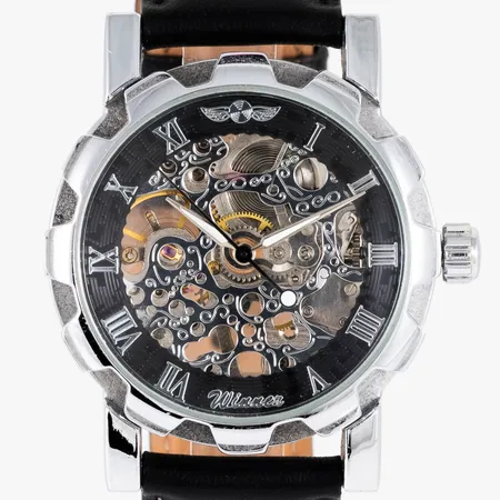 Herrur Winner, Boett Ø 34 mm, skelettur, stål, manuellt urverk, svart läderband, inga tillbehör.