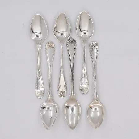 6 Kaffeskedar, modell Gammal Fransk, längd 13-14cm, graverade, silver 830/1000 Vikt: 67,5 g