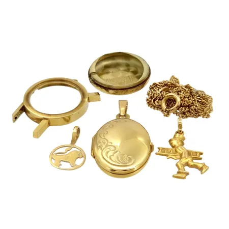 Diverse smycken, 18K guld, slitage/defekter, 6,3g, delar av ett damur, 14K guld, 2,9g