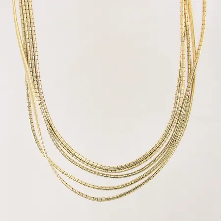 Collier, 5-radigt, längd 44cm, bredd 2,5-13mm, ojämnheter, 14K Vikt: 71,1 g