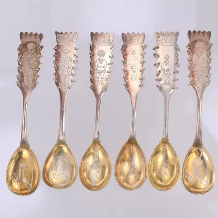 6 kaffeskedar, same, 11cm, förgylld sked, Fritz Olsson, år 1952-64, putsrepor, gravyr,  830/1000 silver Vikt: 75,6 g