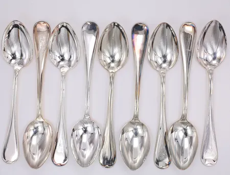 9 Bordsskedar, modell rundad Svensk, 17,8cm, GAB år 1994-2003, 830/1000 silver Vikt: 368 g