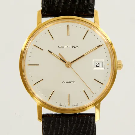 Herrur Certina, quartz, Ø33mm, 18K i boett, läderband, originalspänne, gravyr
