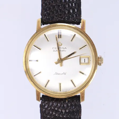 Herrur Certina New Art, 14K, automatisk, Ø33mm, datum, slitet läderband, repigt glas, inga tillbehör, 14K bruttovikt: 39g 