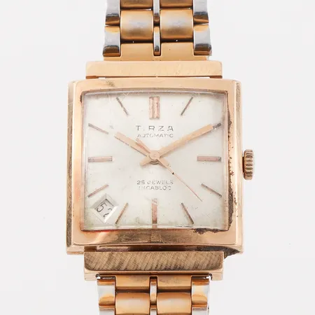 Herrur Tirza, fungerar ej, ca 28x28 mm, 18k, metallband. Vikt: 0 g