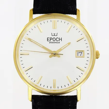Herrur Epoch, 18K, quartz, Ø33mm, vit urtavla, guldfärgade index, datum, sekundvisare, svart original läderband 24cm, törnlås, ifylld garantifolder Huke Urhandel, Malmö Oktober 2022, nyskick, etui.