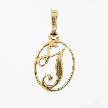 Hänge, bokstav J, 20x10mm, skev öppen ögla, 18K.  Vikt: 0,6 g