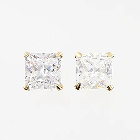 Ett par örhängen, kubisk zirkonia, 6x6mm, en stopp saknas, 18K. Bruttovikt: 1,0gram.  Vikt: 1 g