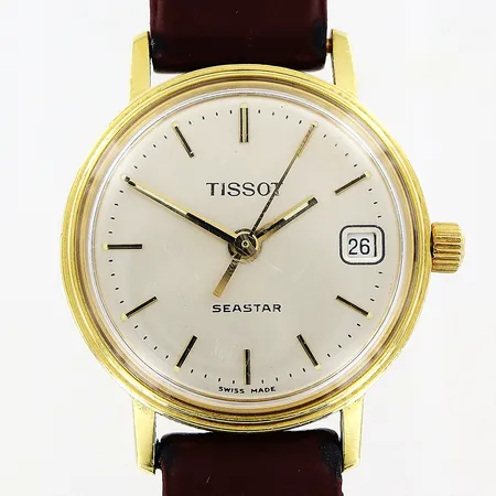 Damur, Tissot Seastar, 18K, quartz, datum, Ø22mm, vit urtavla, sekundvisare, gravyr, defekt band, spänne saknas, batteribyte krävs, bruttovikt 13,7gram, inga tillbehör. 