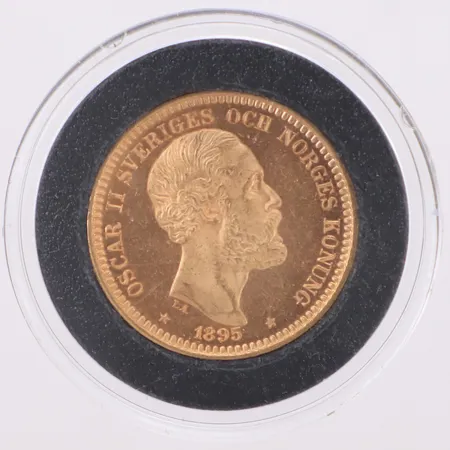 Mynt, 20kr, Oscar II, år 1895, Brödrafolkens väl, Ø22,9mm, etui, 21,6K Vikt: 8,9 g
