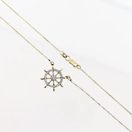 Collier, integrerat hänge Roder, vita stenar, 44cm, bredd 1-18mm, synliga lagningar, 14K.  Vikt: 2,8 g