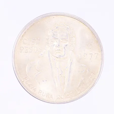 Silvermynt, 100 mexikanska pesos 1977, Ø39mm, Silver 720/1000  Vikt: 27,7 g