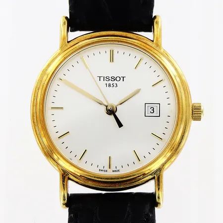 Damur Tissot, Ø27mm, quartz, 18K i boett, läderband, gravyr, i behov av batteribyte, brv: 23,4gram