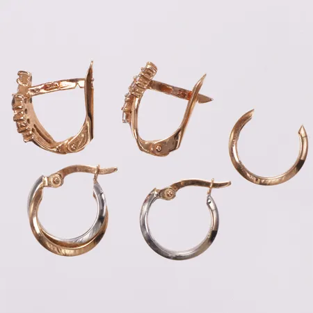 Diverse guld, roséguld, tvåfärgad, defekt/av, vita stenar, skev, bucklor, 14K Vikt: 3,5 g