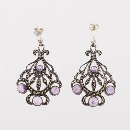 Örhängen paret med stenar och markasiter, ca 40x25 mm, silver. Vikt: 10 g