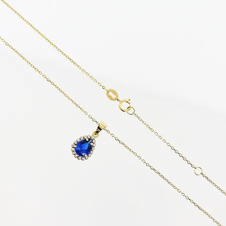 Collier, Ankarlänk, blå/vita stenar, 42-45cm, bredd 1mm, hänge 15x7mm, GHA, 18K.  Vikt: 1,6 g