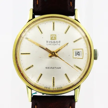 Herrur Tissot Visodate, Seastar, stål/doublé, manuell, Ø34mm, datum, sekundvisare, fungerar vid testtillfälle, repor och spricka i glas, läderband ej original, 22cm, inga tillbehör.
