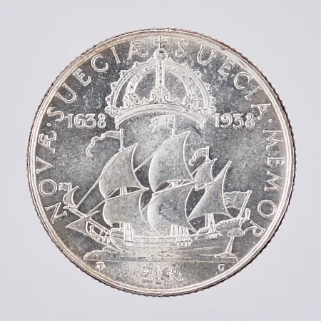 Mynt Gustavus V Rex, nominellt värde 2 kr, år 1638-1938, med garantibevis 800/1000 Silver  Vikt: 15 g