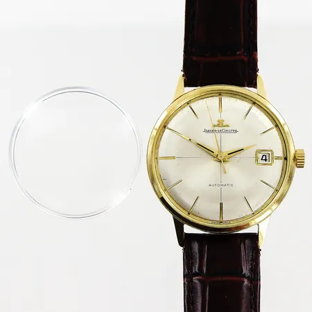 Herrur Jaeger-Le Coultre, guld på stål, automatisk, Ø35mm, nr 851508, datum, sekundvisare, fungerar vid testtillfälle, ca 1960-tal, åldersbetingat skick, löst glas, läderband ej original, inga tillbehör.