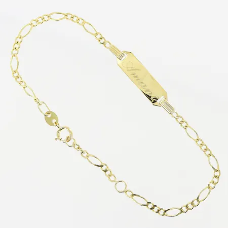 Barnarmband, Figaro, platta, 13,5/15,5cm, bredd 2-5mm, gravyr, 18K.  Vikt: 1,7 g