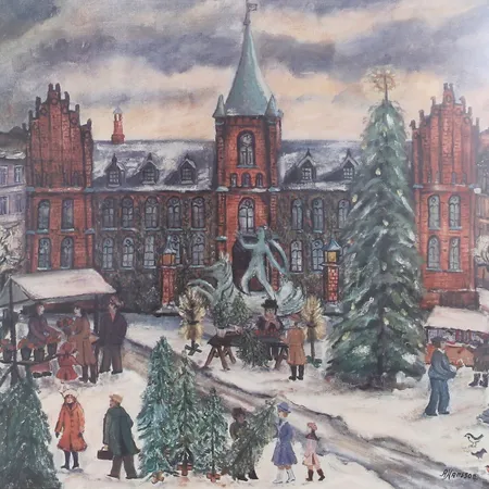 Grafiskt blad av Alma Hansson föreställande vintermarknad i Helsingborg", signerad, rammått: 64x56cm Skickas med postpaket.