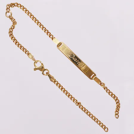 Armband, namnbricka, längd 17cm, bredd 2-4mm, gravyr, defekt/av, 14K Vikt: 2,3 g