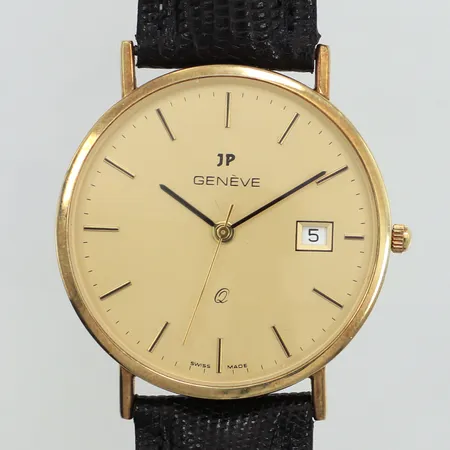 Armbandsur JP GENÉVE, 34mm, datum, läderband, längd inklusive ur ca 22cm, står still, personlig gravyr, 14K