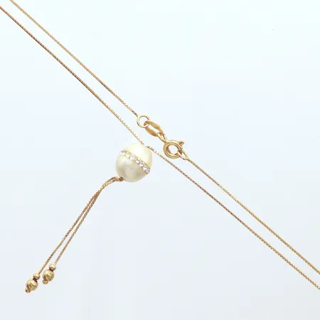 Collier, pärla Ø10mm, vita stenar, längd 41,5cm, hänge längd 5cm, 18K Vikt: 2,8 g