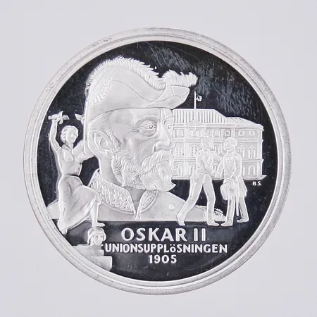 Minnesmynt Kungariket Sverige Ø36mm, Oskar II Unionsupplösningen 1905, 925/1000 Silver  Vikt: 27,1 g