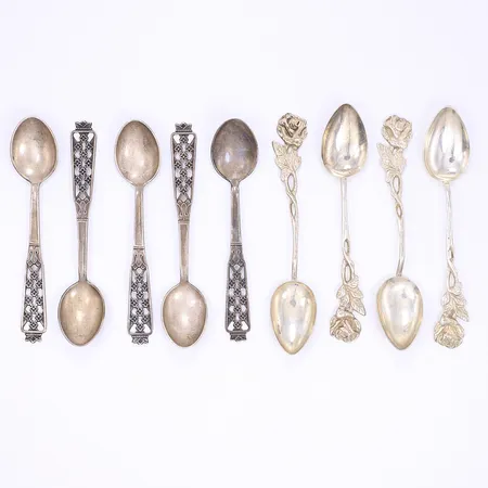 5+4 Kaffeskedar, bl a Ceson, Göteborg, längd ca 10,5-11cm, silver 830/1000 Vikt: 95 g