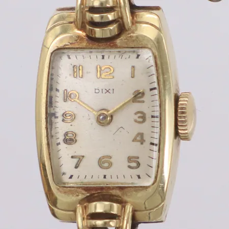 Damur, Dixi, 14K, manuell, 21x14mm, små bucklor på boett, flexiband i gulmetall, inga tillbehör 