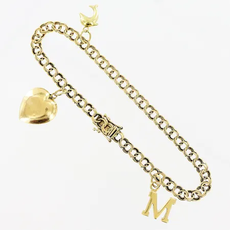 Armband, Bismarck, 19,5cm, bredd 4mm, 3 berlocker, slitage, bucklor, 18K.  Vikt: 9,8 g