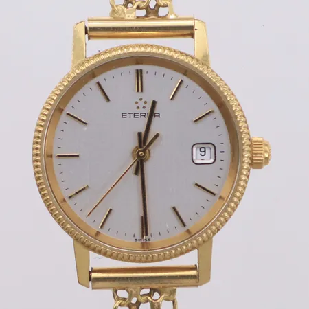 Damur, Eterna, 18K, quartz (går ej), 24mm, datum, boettnr: 4704.68, x-länk i 18K, inga tillbehör, brv: 19,9g