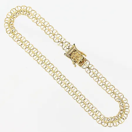 Armband, X-länk med stav, 20cm, bredd 6mm, slitage, skevheter, 18K.  Vikt: 5,8 g