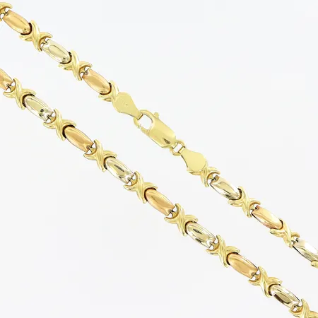 Collier, 45,5cm, bredd 6mm, röd/gul/vitguld, mindre bucklor, 18K Vikt: 17,3 g