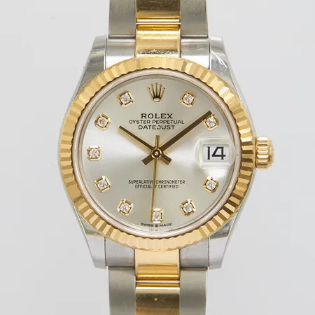 Damur Rolex Datejust, stål/guld, automatisk, 31mm, ref 278273, snr 8F503356, Cal. 2236, verknr 7AT74702, boettnr 2300, safirglas, datum, diamantindex, oysterlänk stål/guld, ref 72363, extra länkbitar, certifikat daterat 21.10.2024, box.