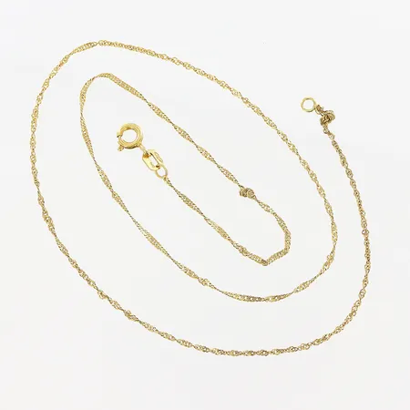 Kedja Singapore, ca 41cm, bredd ca 1mm, knutor på länk, 18K Vikt: 1,2 g