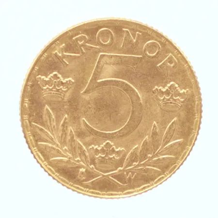Guldmynt, 5 Kronor - Gustav V Sveriges Konung, Ø16mm, Sverige år 1920, räfflad kant, 21,6K Vikt: 2,2 g Vikt: 2,2 g