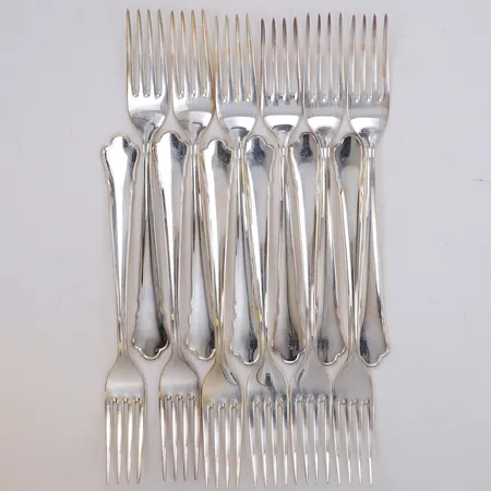 Tolv matgafflar, Längd ca18cm,  tillverkad av Guldsmedsaktiebolaget Gab, år 1991, 830/1000 silver Vikt: 458,2 g